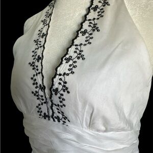 Robbie Bee White Halter A-line Dress with Black Embroidery